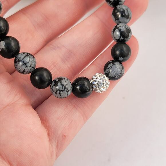 Vintage snowflake obsidian Buddha bracelet rhinestone accent stretch - Picture 6 of 10